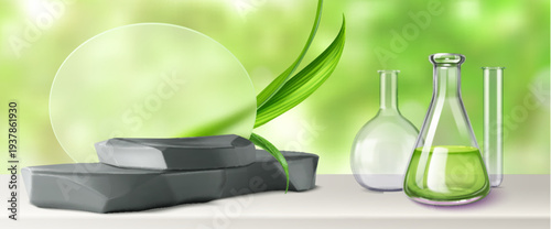 Black stone podium with transparent lab glassware, circle and green leaves, realistic vector background. Flasks with liquid, rock geometric platform for natural products display, cosmetic presentation