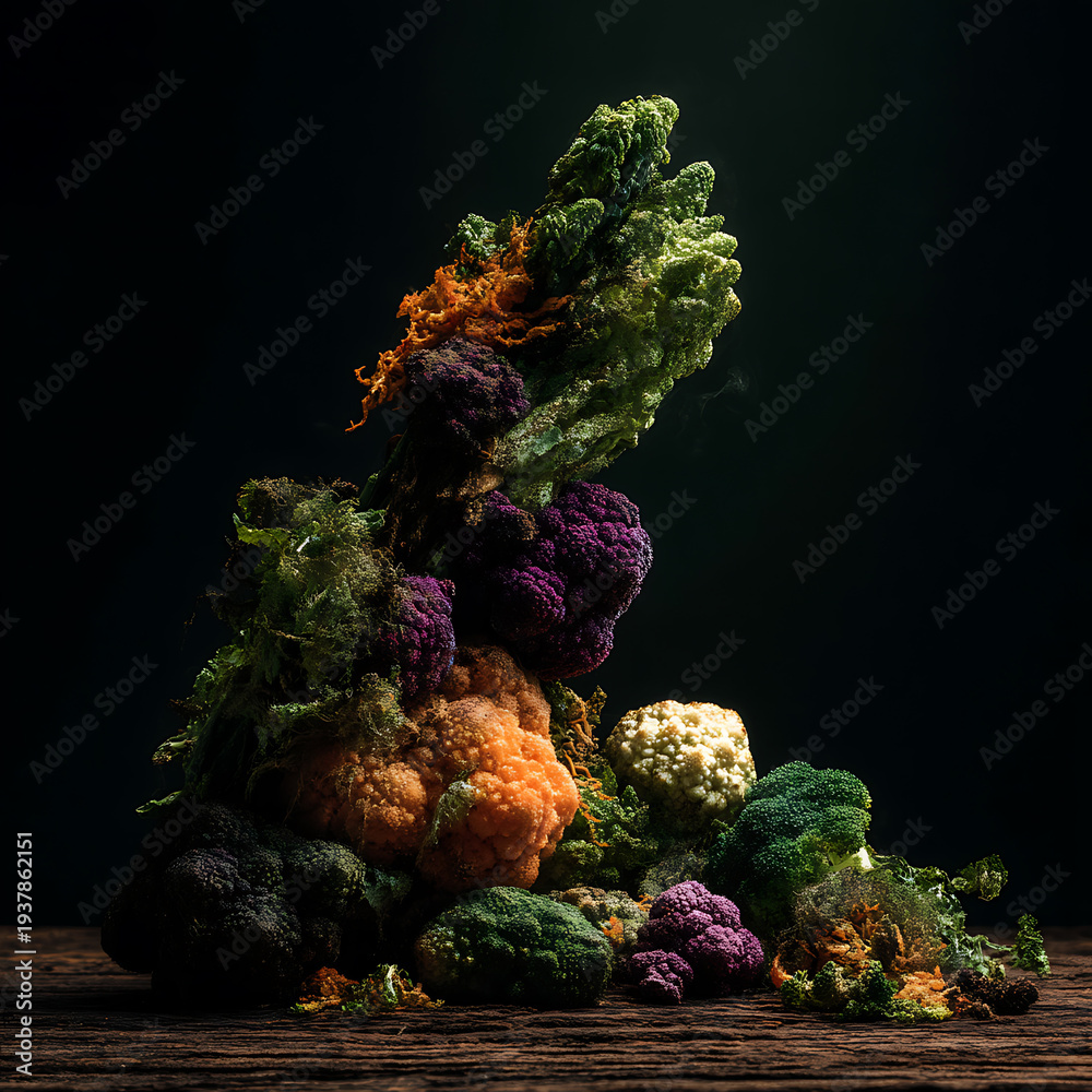 Fototapeta premium Various decaying vegetables were arranged in lively piles on dark wood