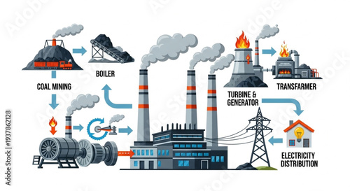 Industrial power plant process diagram showing electricity generation.