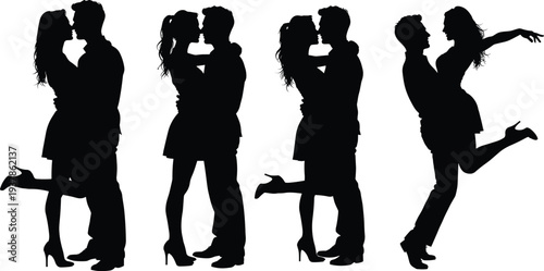 Romantic Couple Silhouettes Collection with Kissing and Lifting Poses Isolated on White Background, Love Relationship Concept for Wedding and Valentine Design