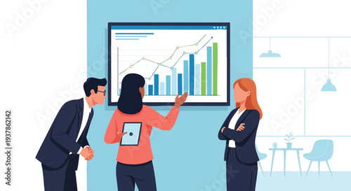 Business team analyzing graph on screen during meeting.