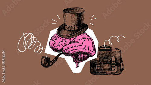 Vintahe sketch collage of human brain with retro gentleman hat, pipe and briefcase. Psychology, creativity, philosophy, education concept. Hand drawn engraving vector illustration.