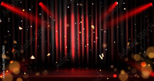 Red velvet curtain with golden confetti and spotlight, realistic vector background. Luxury backdrop for theater shows, cinema premieres, award ceremonies with gold tinsel