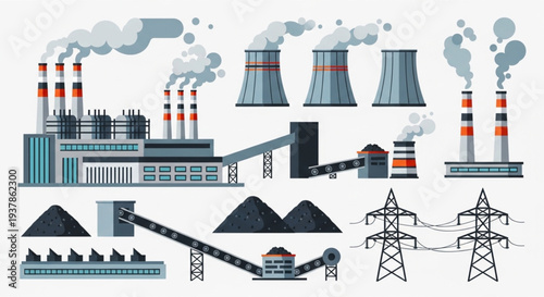 Industrial power plant complex with cooling towers and coal piles.