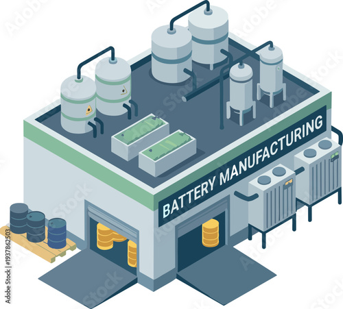 An industrial facility manufactures batteries with various machinery and equipment inside and outside the building.
