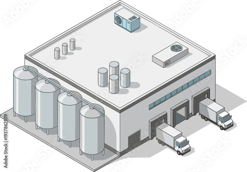 Trucks unload cargo at industrial warehouse facility with storage tanks outside