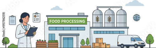 A woman in a lab coat stands outside a food processing factory with a clipboard, inspecting goods being loaded into a delivery van.