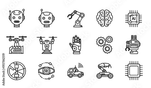 Robotics technology linear line icons vector set editable stroke
