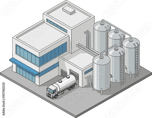 A truck delivers to a large industrial facility with storage tanks