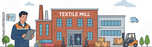 A man in a blue uniform stands outside a large red textile mill with a clipboard, surrounded by industrial equipment and workers on a sunny day.