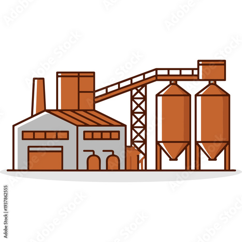Industrial factory with large silos and conveyor belt system operating