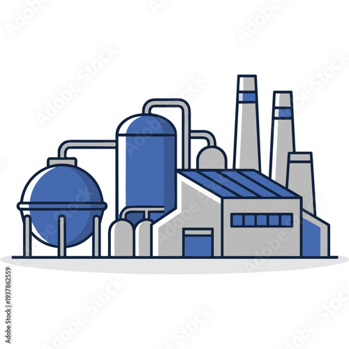 Industrial factory scene with smokestacks and machinery equipment buildings