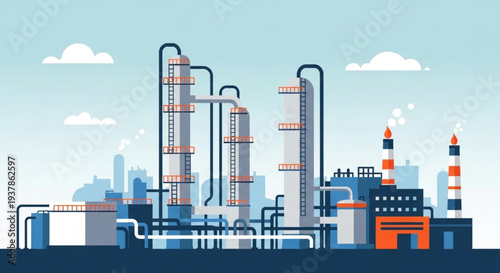 Industrial Oil Refinery Complex with Tall Towers and Pipes.