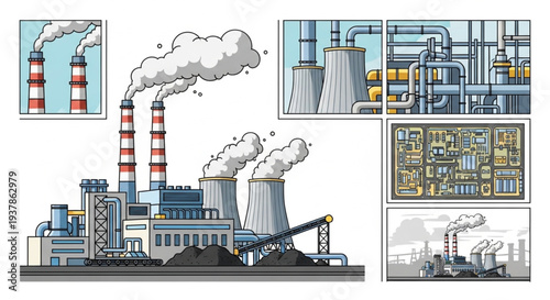 Industrial Power Plant with Cooling Towers and Smokestacks Emitting Smoke.
