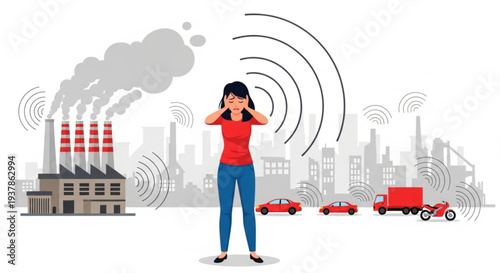 Woman covering ears from city noise pollution industrial sounds.