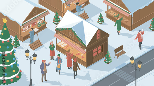 A festive Christmas market scene with people shopping and walking around wooden stalls in a snowy winter wonderland