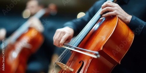 Close-up of a cellist's hands playing the cello in an orchestra performance