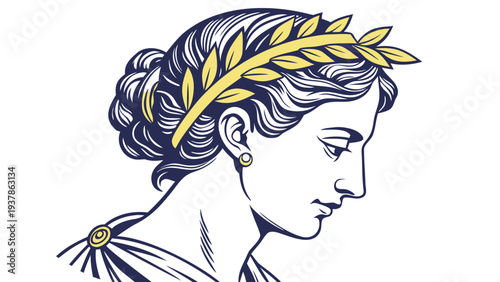 Vector illustration of Stylized illustration of a classical Greek woman's profile wearing a laurel wreath
