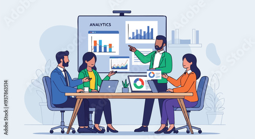 Business team analyzing data on screen together.