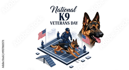 Illustration of a military dog and handler on a base for National K9 Veterans Day, with American flags and a police K9 unit in the background.