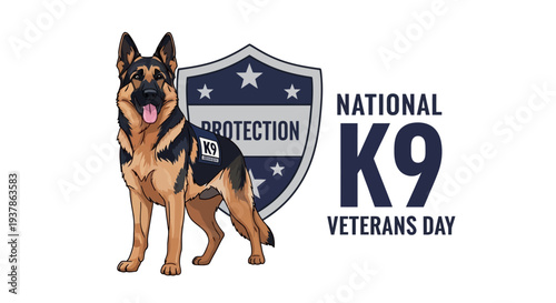 A German Shepherd dog stands proudly beside a shield honoring National K9 Veterans Day, symbolizing military and police service.