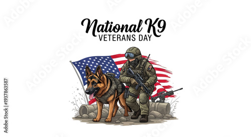 Soldier with a German Shepherd dog and American flag celebrating National K9 Veterans Day with a military background.
