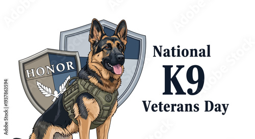 A German Shepherd dog in a tactical vest stands proudly in front of a shield honoring National K9 Veterans Day.