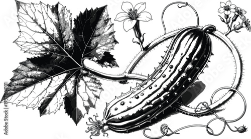 Black and white botanical illustration of a fresh prickly cucumber on a vine with large textured leaves, curly tendrils, and delicate blossoms for gardening design.