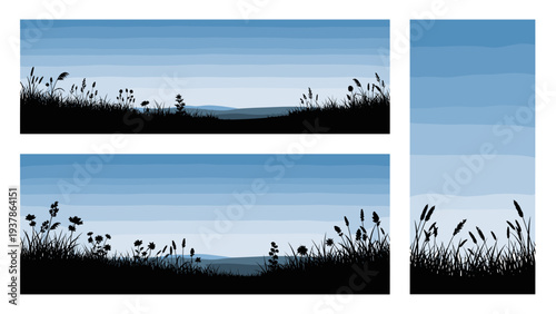 Silhouette Meadow Grass Landscape Backgrounds - Nature Scene Vector Art