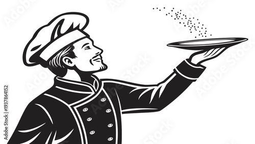Vector illustration of Professional chef in uniform holding up a plate and seasoning food black and white vector illustration