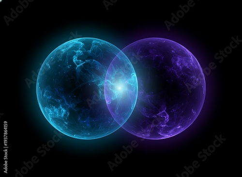 Two glowing celestial spheres overlapping in a vibrant astronomical cosmic display scene together slowly
