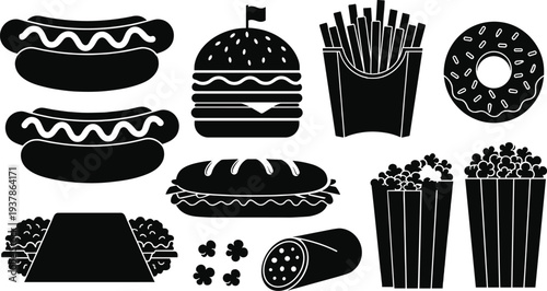 Black and White Fast Food Silhouette Icon Set Featuring Burgers Hot Dogs French Fries Popcorn Tacos Burritos and Donuts Isolated on White Background Vector