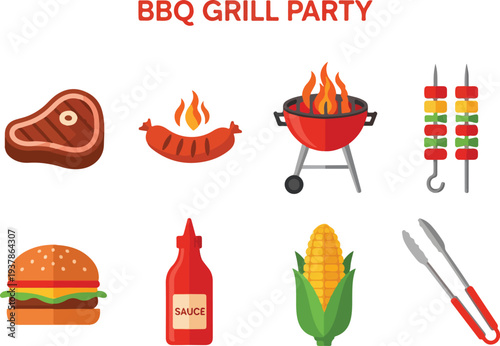 A BBQ grill party illustration with food items like steak sausage grill skewers burger sauce corn and tongs