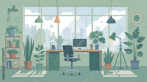 A modern office space with a desk, chair, and numerous plants in front of a large window with a city view