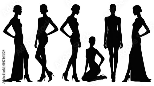 Set of fashionable women silhouettes. elegant female models posing isolated on white background, trendy style.