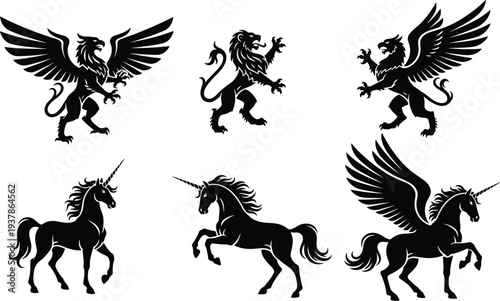 Black and white heraldic mythical creature silhouette set featuring majestic griffin lion rampant unicorn and winged pegasus icons for vintage royal emblem design projects