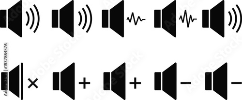 Speaker volume icon set, sound control symbols collection, audio level interface signs, mute increase decrease media buttons illustration