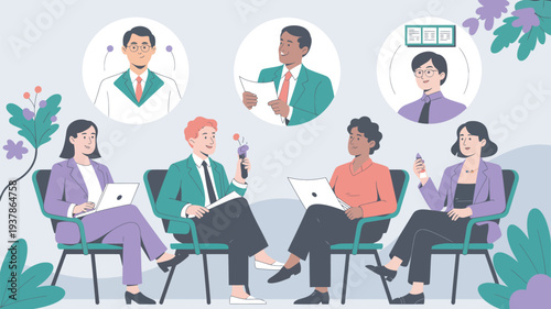 A diverse group of business professionals sitting in chairs with laptops and phones in a modern meeting setting