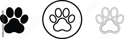 Black and white pet paw print icon set featuring solid silhouette, thin line outline, and circular badge designs for animal welfare, veterinary, and pet care branding.