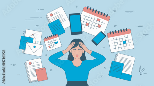 A stressed woman surrounded by calendars, phones, and paperwork, overwhelmed with tasks and deadlines.