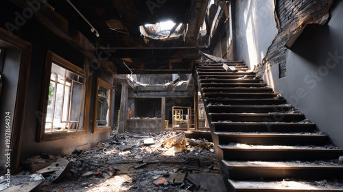 Burned house interior with collapsed ceiling and debris