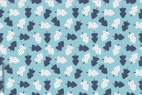Natural seamless pattern. Forest of white and blue trees on blue background. Landscape, environment, nature. Flat cartoon design. For wallpaper, textiles, packaging, background or website. Vector.