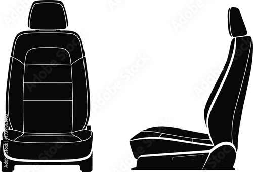 Black Car Seat Silhouette Vector Illustration Featuring Front and Side View Icons Isolated on White Background for Automotive Interior Design and Vehicle Part Graphics