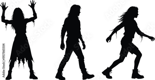 Zombie Woman Silhouette Collection in Walking and Posing Positions, Isolated on White Background, Spooky Halloween Horror Character Concept Illustration Creepy Undead Female Figure Art