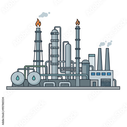 An industrial factory with smokestacks and pipes operates near water tanks.