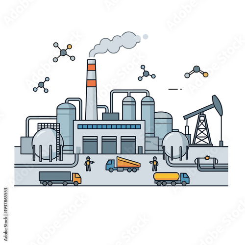 Industrial factory operates with smoke emitting from chimney amid chemical plants and oil rig