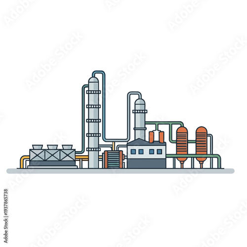 An industrial factory with smokestacks and pipes processes raw materials.