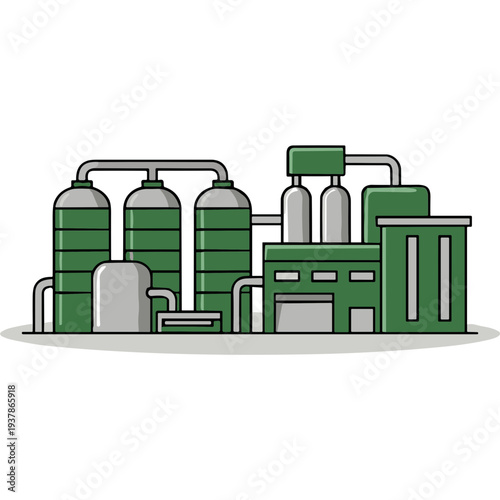 An industrial factory with green tanks and pipes operates in a pollution scene