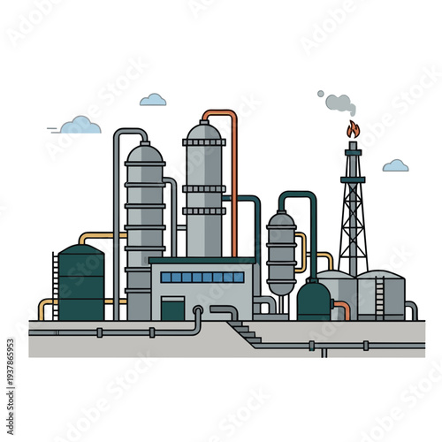 An industrial factory complex with smokestacks operates near infrastructure