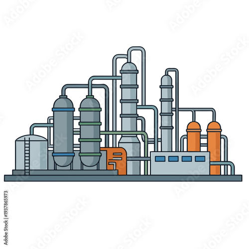 An industrial facility with multiple towers and pipes processes chemicals